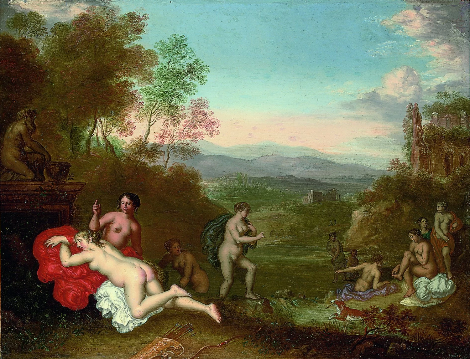Paesaggio collinare all'italiana con Diana e le sue ninfe